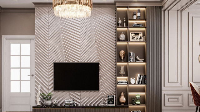 The picture shows a modern living room design. It features a grey, leather couch, coffee table, and rug. The walls are painted in a white and beige abstract pattern and there are shelves on the wall featuring plants and books. The windows have white curtains and the flooring is light hardwood. A unique chandelier adds a statement piece to the room and provides overhead lighting.