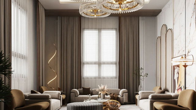 This picture shows a luxurious modern-style living room. The room is decorated with a variety of different colors, textures, and materials. The floor is a light marble tile with a rug in the center and two armchairs in contrasting colors. The walls are two-toned, with a lighter color near the floor and a darker shade higher up. There are two large windows, one of which is covered by a sheer curtain, that let natural light into the room. The ceiling has recessed lighting and a decorative chandelier hangs from the center. Finally, there is a sectional