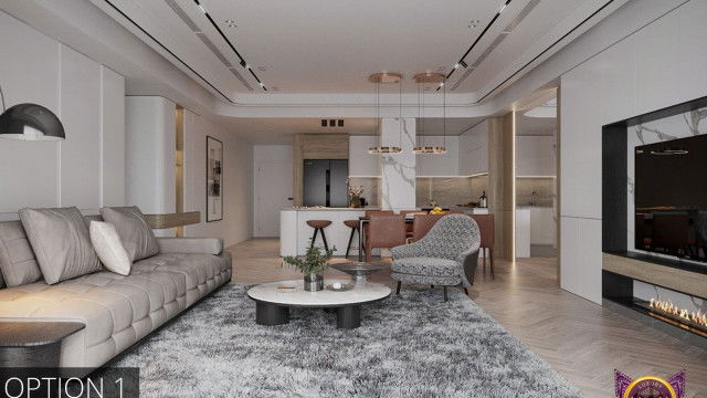 This is a photo of a modern kitchen designed by Antonovich Design. The kitchen has dark wood cabinetry and stainless steel appliances, as well as a sleek marble countertop. It also features a large island in the center with seating for four people and a built-in sink. The walls feature intricate tile work and indirect lighting, which gives the kitchen a warm and inviting atmosphere.