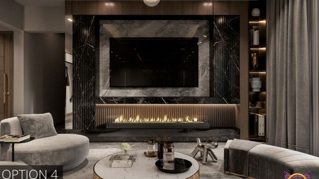 This picture shows a luxurious living room. The walls are an opulent beige color with gold accents, and the floor is a marble tile set in a diamond pattern. A large chandelier hangs from the ceiling, and the furniture is classic and regal, featuring rich fabrics and decorative details. Large windows let in plenty of natural light, and there is a small area rug to add color and texture.