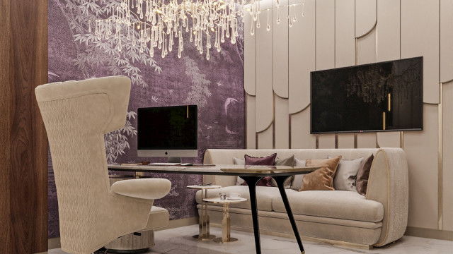 This picture shows an ornate and luxurious interior design. It features a stunning staircase with intricately carved columns and railings, a crystal chandelier hanging from the ceiling, and a grand piano in the corner. The walls and floor are covered with intricate patterns and mosaics. Other custom-made decorations such as sculptures and wall art can be seen throughout the room.