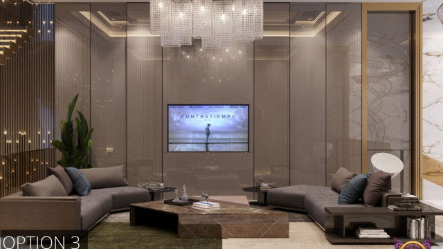 Modern kitchen with minimalist design features including white countertops, white cabinetry, and a unique tile backsplash.