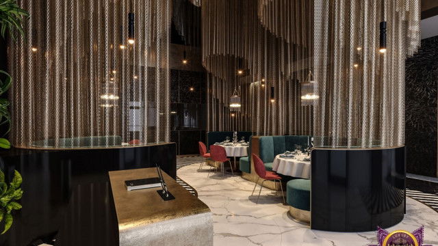 This picture is of a luxurious modern living room, lined with white walls and light wood floors. The furniture is minimalistic and upholstered in a blue velvet fabric. The focus of the room is the fireplace surrounded by an abstract wall mural and two white armchairs, creating a cozy atmosphere. On the opposite side of the room are two cream sofas, with two white chairs and a contemporary style coffee table in between. There is also a large round mirror hung on the far side wall, giving the room extra depth.