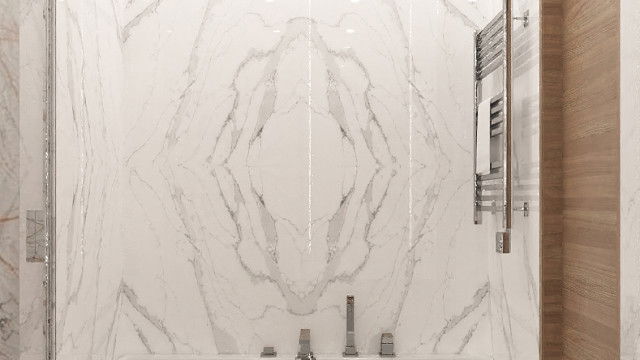 In this picture, an impressive luxury bathroom is featured. It has a large, white porcelain Jacuzzi tub with gold fixtures, a large shower stall with a modern rain showerhead, and a quartz countertop with a double sink. The walls are tiled in a marble pattern with a large window providing lots of natural light. There is also a built-in bench for seating and a crystal chandelier hanging from the ceiling for extra glamour.