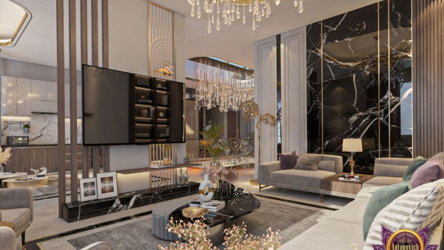 This picture shows a luxurious home interior, with marble floors and a grand staircase. The walls are adorned with ornate sculptures and paintings, along with a large gold chandelier. The furniture is mostly velvet and leather, in shades of gold, red and brown. A rich burgundy carpet tops off the look, while several windows provide natural light.