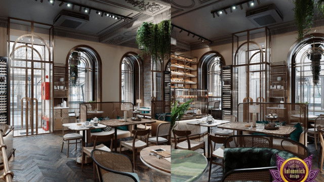 This picture shows a modern bedroom interior design. The room features a large bed surrounded by two bedside tables and lamps, as well as a tall window, styled with light pink curtains. Additionally, the room is decorated with a large mirror, a large framed painting on the wall, and a white and gold ottoman.