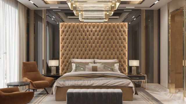 Art Deco style interior design with geometric shapes, lines and gold accents.