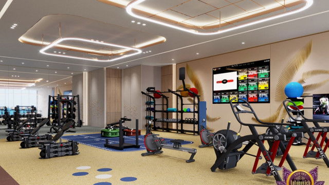 The picture shows an elegantly designed bedroom with a wooden bed adorned with blue and white bedding and two pillows. The walls are painted in a pale gray color and feature a geometric pattern wallpaper with a beige and white stripe. The floor is covered with a light gray rug, and the room has an armchair in the corner with a white and gray cushion. On either side of the bed are two nightstands with silver lamps, and a window with sheer curtains.