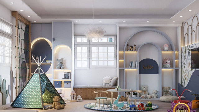 This picture shows a luxury living room interior design. It showcases a modern, minimalistic aesthetic, with dark wood trim accents. A large marble coffee table is the focal point of the room, surrounded by two plush cream sofas and two matching accent chairs. The floor is covered in a light-colored inlayed tile, while a chic chandelier hangs from the ceiling.