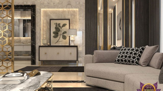 Large ornately decorated living room with two sofas, armchairs, coffee table and decorative fireplace.