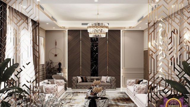 This picture shows a modern designer apartment with a view of the city skyline in the background. The living room features a bright white L-shaped sofa and a sleek black coffee table, as well as a large modern glass chandelier hanging from the ceiling. The walls are painted in a dark gray color and the floors are covered in wood. There is also a fireplace in the corner of the room and several abstract wall art pieces hung around the apartment.