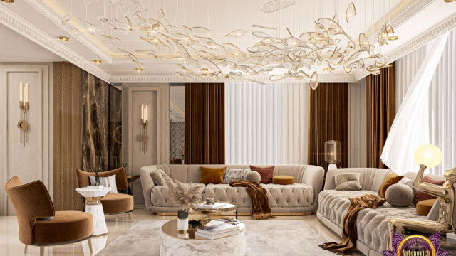 Modern interior featuring a fireplace and lounge seating, with a cream, beige and wood color palette.