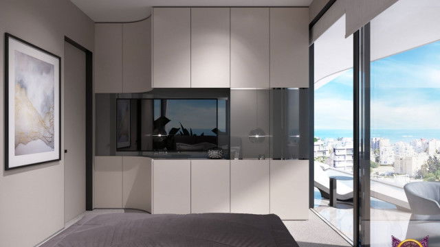 This picture appears to be an interior design. It shows a stunningly decorated living room with many modern and luxurious elements. The walls are painted in a soft shade of grey, and the high ceilings are decorated with intricate ceiling moldings. There is an intricately-patterned carpet on the floor, and a luxurious round sofa upholstered in white velvet fabric is centered in the room with two large cushioned armchairs on each side. There is also a grand piano with a white marble top and a glass coffee table with a crystal centerpiece. The walls are adorned with artworks,