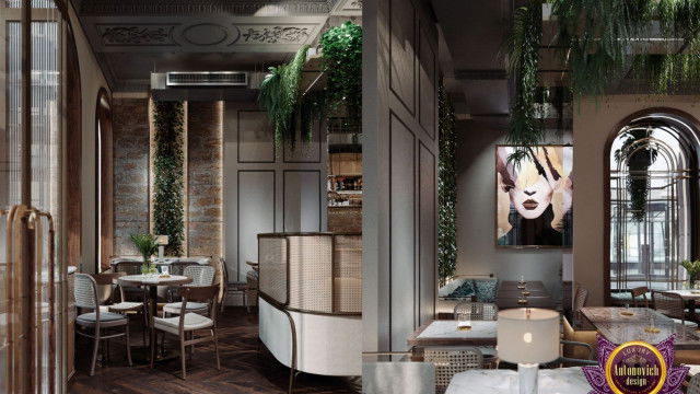 Abstract living room with tan sectional sofa, tile floor, geometric rug, and artwork.