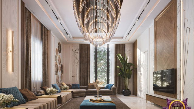 This picture shows a luxurious bedroom with a dark wood four-poster bed, ornate furniture, and curtains adorned with tassels. There is a large mirror mounted on the wall and a grand chandelier hanging from the ceiling. The pale colors and soft textures of the bedding and furniture give the room a comfortable and inviting atmosphere.