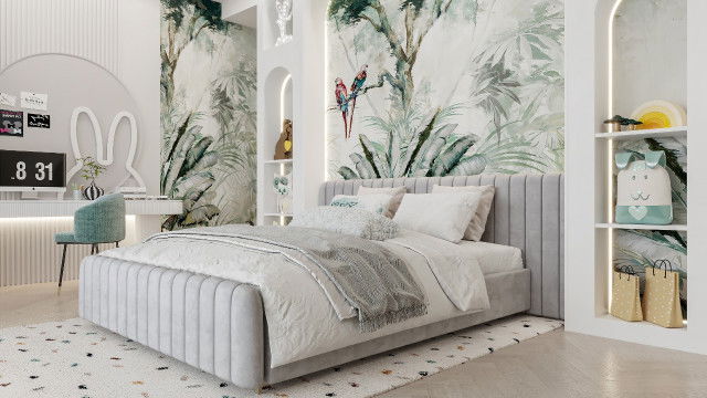 This picture shows an ultra-luxurious bathroom interior with a marble floor and walls, wood panelling on the ceiling and walls, and luxurious fixtures such as a large gold framed mirror, gold and crystal sconces and a white porcelain freestanding bathtub. There is also an elegant vanity with two sinks and a marble countertop. The space looks luxuriously finished and serene.