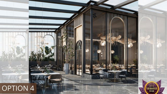 This picture shows a modern kitchen. It features dark grey kitchen cabinets and countertops, white walls and ceiling, and a marble backsplash. A long island with a sink and a breakfast bar is at the center of the room, with several stools around it. There are also a few built-in appliances, including an oven, microwave, and refrigerator. A large window lets in plenty of natural light.