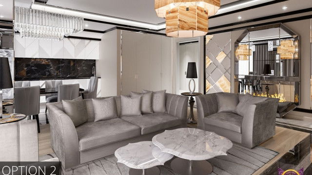 Brightly colored interior of room with multiple seating areas and stylish decorations.