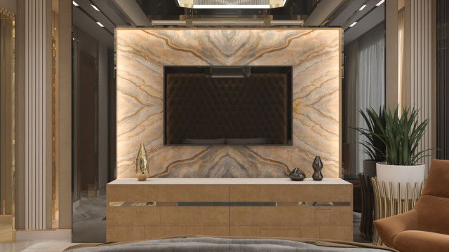 Luxuriously appointed dining area with seating for eight, featuring an ornately designed chandelier and a marble floor.