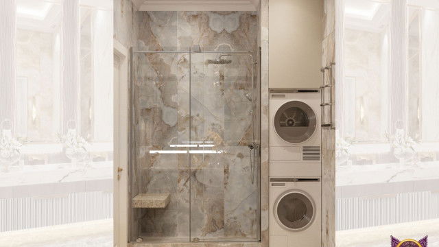 This picture shows a modern bedroom design featuring a white leather bed with a black headboard and white accent pillows. The walls are painted in a dark blue color, and the bed is framed by two tall windows draped with bright white curtains. A set of blue-gray chairs are placed around a white bench at the foot of the bed. The room is further accented with a wooden dresser and two wall lamps with white shades.