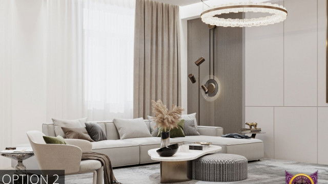 This picture shows an ornately decorated living space with bright colors and a mix of textures. The room features a large, white sectional sofa, two side tables with glass lamps, a white shag rug, and a navy velvet armchair. There are also several pieces of artwork hung on the walls, a large, oval mirror, and a pink velvet chair in the corner. The overall look is bold yet inviting.