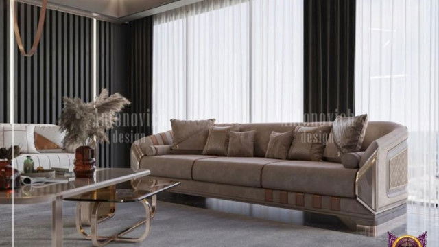 A large open plan living room with a modern interior design scheme featuring light coloured walls, dark wooden furniture and colour accents.