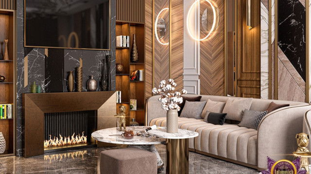 Modern luxury living room interior decorated with a beige color palettte and furniture set.