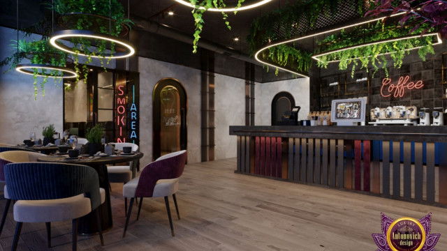 Interior featuring a large living room with light-blue walls, white furniture, and a blue and yellow patterned area rug.