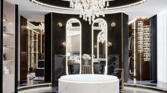 A luxurious bedroom with a traditional theme, featuring a four-poster bed, heavy curtains, comfortable armchairs and elegant lighting fixtures.