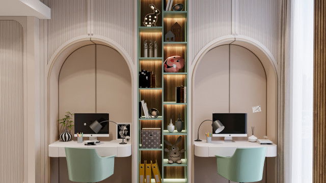 This picture shows a luxurious, contemporary living room design with a neutral color palette. The main feature of the room is an elegant, curved sofa with a chaise lounge, creating an inviting seating area. There is a large wooden coffee table in the center surrounded by a rug and two white chairs. The walls are painted a light grey with accents of white throughout, including a long shelf that runs along the wall.