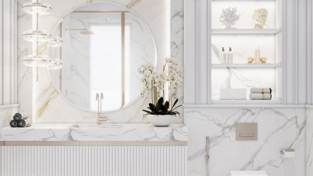 The picture is a rendering of a luxury living room in what appears to be a modern-style mansion. The room features a cozy seating area in front of a large fireplace, with two sofas and some decorative armchairs arranged around a low coffee table. There are also several large abstract paintings hung on the walls, along with floor-to-ceiling windows that let plenty of natural light into the room. The overall look is one of contemporary elegance, with touches of classic design.