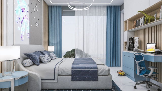 This picture is a rendering from Antonovich Design, depicting a modern living room with white walls and light wood accents. The room includes a white sofa, armchair and several decorative cushions. There is a large mirror hung on the wall above the sofa and a display shelf underneath it. In the center of the room is a wooden coffee table surrounded by a plush rug, and in the background is a curved staircase leading to the upper floor.