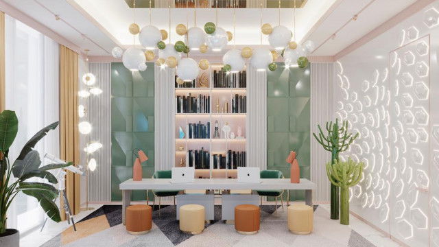 This picture shows an elaborate staircase and landing in a luxurious home. The staircase itself is constructed of wood, with metal railings and ornately carved accents in the balustrades. The landing area is decorated with a luxurious oriental rug, a large crystal chandelier, and a grand painting above the stairs.