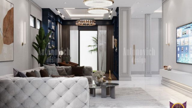 This picture shows a modern, urban-style living room. It has an open floor plan with white walls, dark hardwood floors, and contemporary furniture. The center of the room is dominated by a large sectional sofa upholstered in a bright yellow fabric. The walls are adorned with various abstract art pieces and an off-white area rug lies on the floor. A glass coffee table and several end tables complete the room.