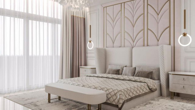 This picture shows a luxurious modern living room designed by Antonovich Design. The room features several luxe elements, including a crystal chandelier, a high-end velvet sofa with gold trim, a marble coffee table, a large wall mirror with an ornate gold frame, and two ornate armchairs with lush velvet upholstery. The walls are painted in a rich, dark colour, and there is a large textured area rug on the floor to complete the look.