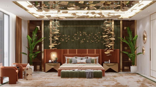 This picture shows a luxurious and modern living room. The room has a contemporary cream-colored sofa and armchair set, a sleek black coffee table, and a textured area rug. Along the walls there are black shelves filled with books and decorative items, as well as two ornate sconces providing illumination. There is also a large window that lets in natural light, giving the room a bright and airy feel.