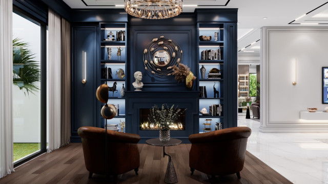 Modern kitchen interior with glossy white cabinets, glossy marble-like countertop and backsplash, bronze light fixtures, and marble-look tiled flooring.