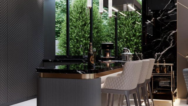 This picture shows a three-dimensional rendering of a luxurious, contemporary living room with a white marble floor, a black and gray stone wall, and a large LED television mounted on the wall. Large windows are placed along the right wall to let in natural light. The furnishings consist of two white leather armchairs flanking a modern glass coffee table, a velvet couch with an ottoman, and several white throw pillows. Behind the couch is a built-in shelving unit and two white bookcases.