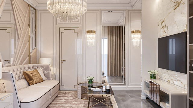 Modern minimalist kitchen with quartz countertops, stainless-steel appliances, and white cabinetry.