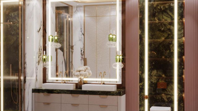 A luxurious living room, with a grand staircase leading to a balcony, ornate ceiling, and lavish furniture.