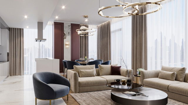 Modern dining area with a large table surrounded by several high-back chairs, featuring minimalistic white and gray decor.