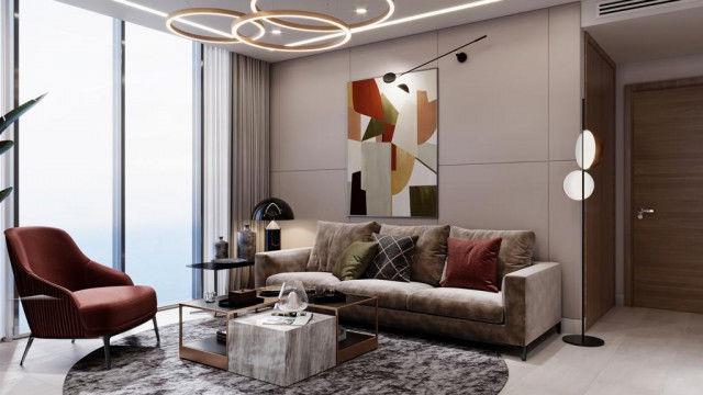 The picture depicts a contemporary living room with a bright and airy atmosphere. The room is decorated with neutral colored furniture and walls, plus wood accents. The large windows provide plenty of natural light, while the white carpet serves as a soothing contrast to the vibrant colors of the furniture and artwork. A cozy fireplace provides warmth and a focal point for the room.