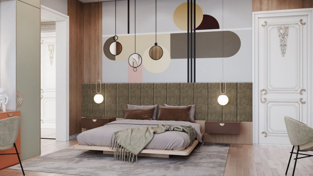 This picture shows a contemporary living room with a white sectional sofa and blue accent chairs. There is an abstract art piece on the wall, along with a unique glass-top coffee table and area rug with geometric designs. The room features modern decor, such as a black and white striped ottoman, a round wooden side table, and a floor lamp.