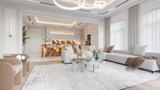 A large, grand staircase made of marbled stone with a classic and ornate balustrade leading up to a detailed ceiling.