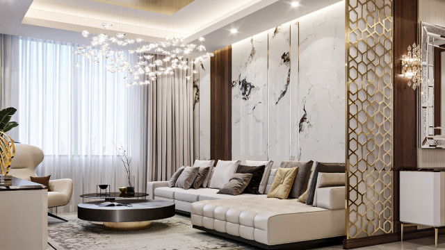 Opulent grand hall with high ceiling adorned with intricate lighting fixtures, marble flooring and luxurious furniture.