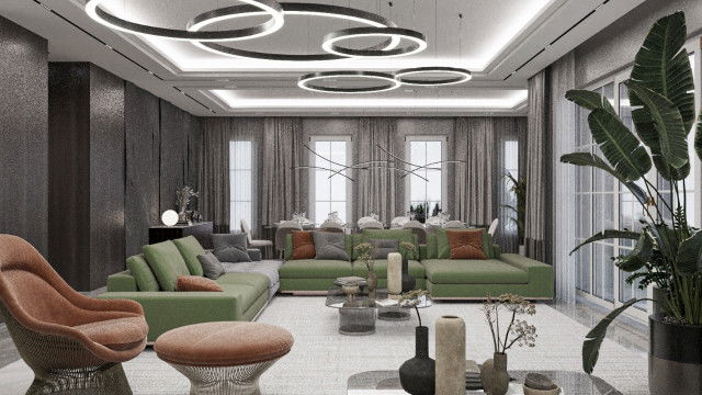 Living room featuring beige sofa, armchair and ottoman with abstract art on the wall.