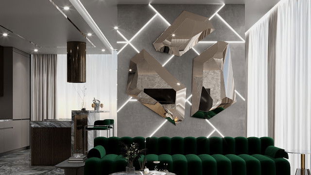 Modern living room featuring a beige sectional sofa, coffee table, patterned area rug and stone fireplace.