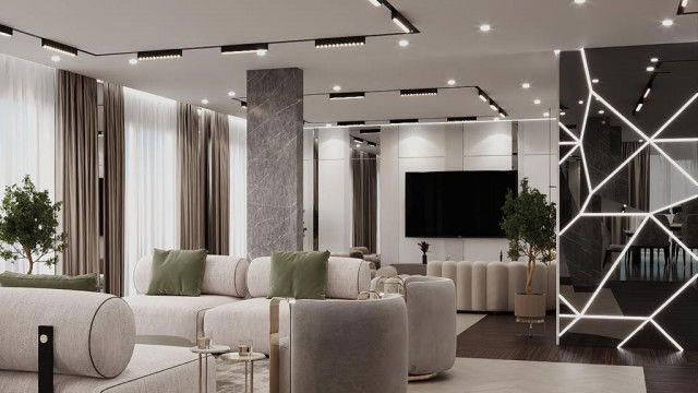 A grand estate with a fountain and fountain statues, surrounded by landscaped gardens.