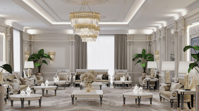 A luxury bedroom featuring a palette of white and gold, with a velvet-upholstered headboard.