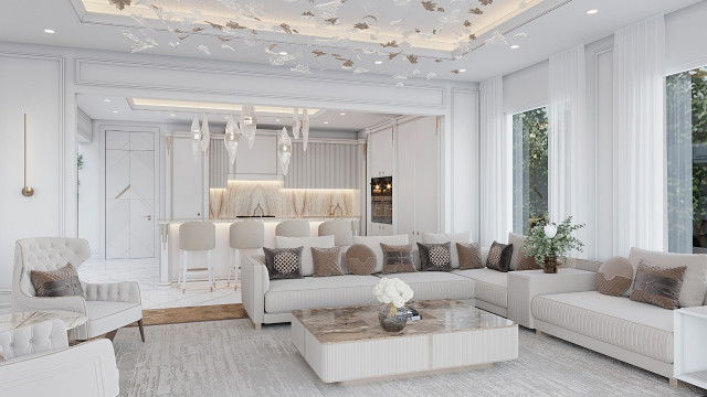 A luxurious bedroom featuring a camel-colored upholstered bed, ornate furniture, intricate ceiling detailing, and an opulent chandelier.